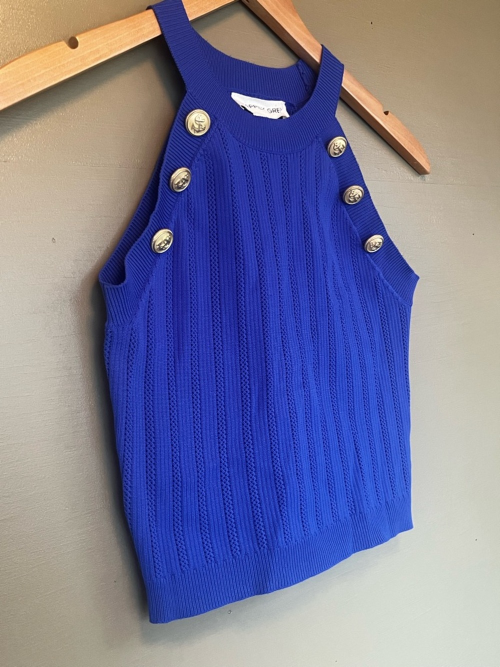 Happily Grey High-neck Sleeveless Ribbed Stretch Nautical Accent Button Crop Top - Picture 2 of 9